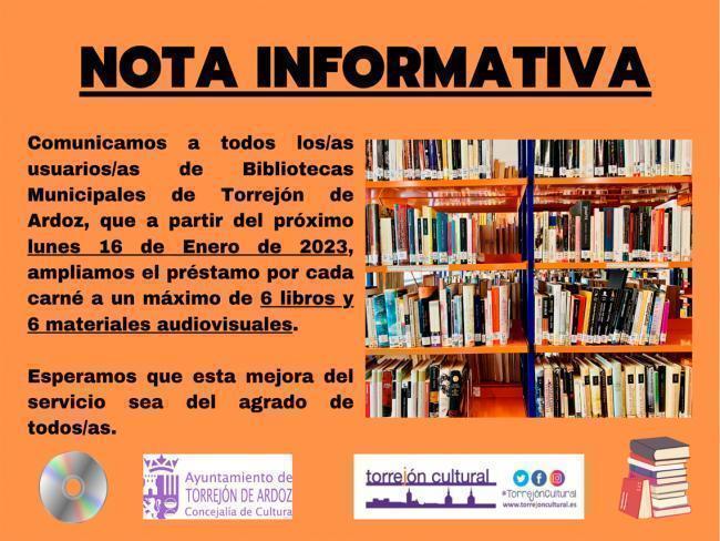 Torrejón: A partir de hoy lunes 16 de enero, todas las bibliotecas municipales amplían el préstamo por cada carné a un máximo de 6 libros …